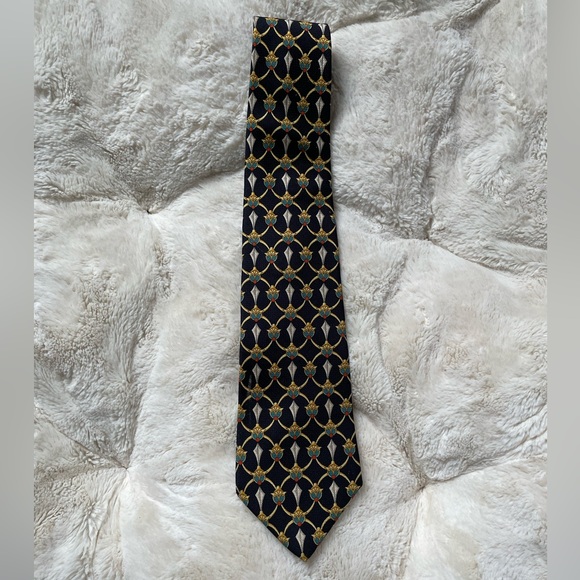 Christian Dior Cravate - Vintage Black Silver Blue and Gold Patterned Tie - Picture 2 of 4